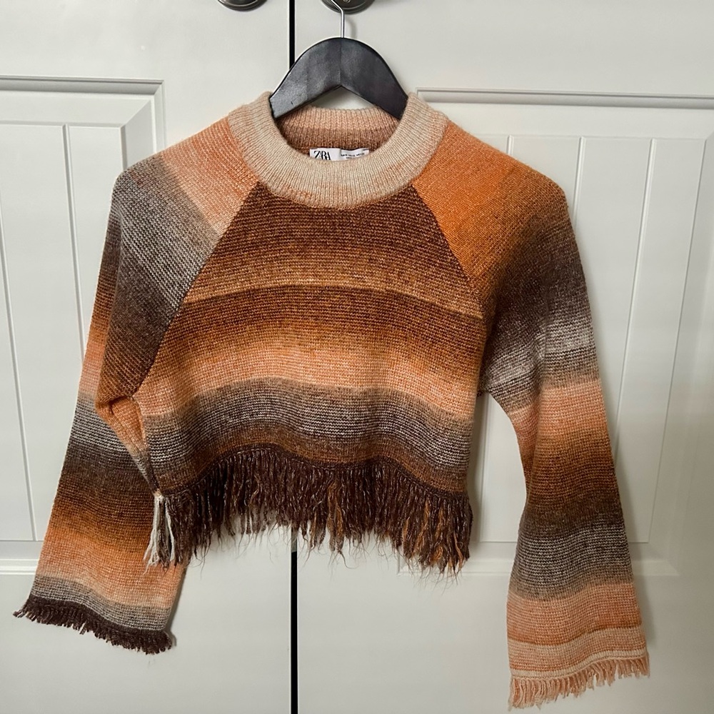Zara Orange and Brown Crew Neck Sweater with Fringe